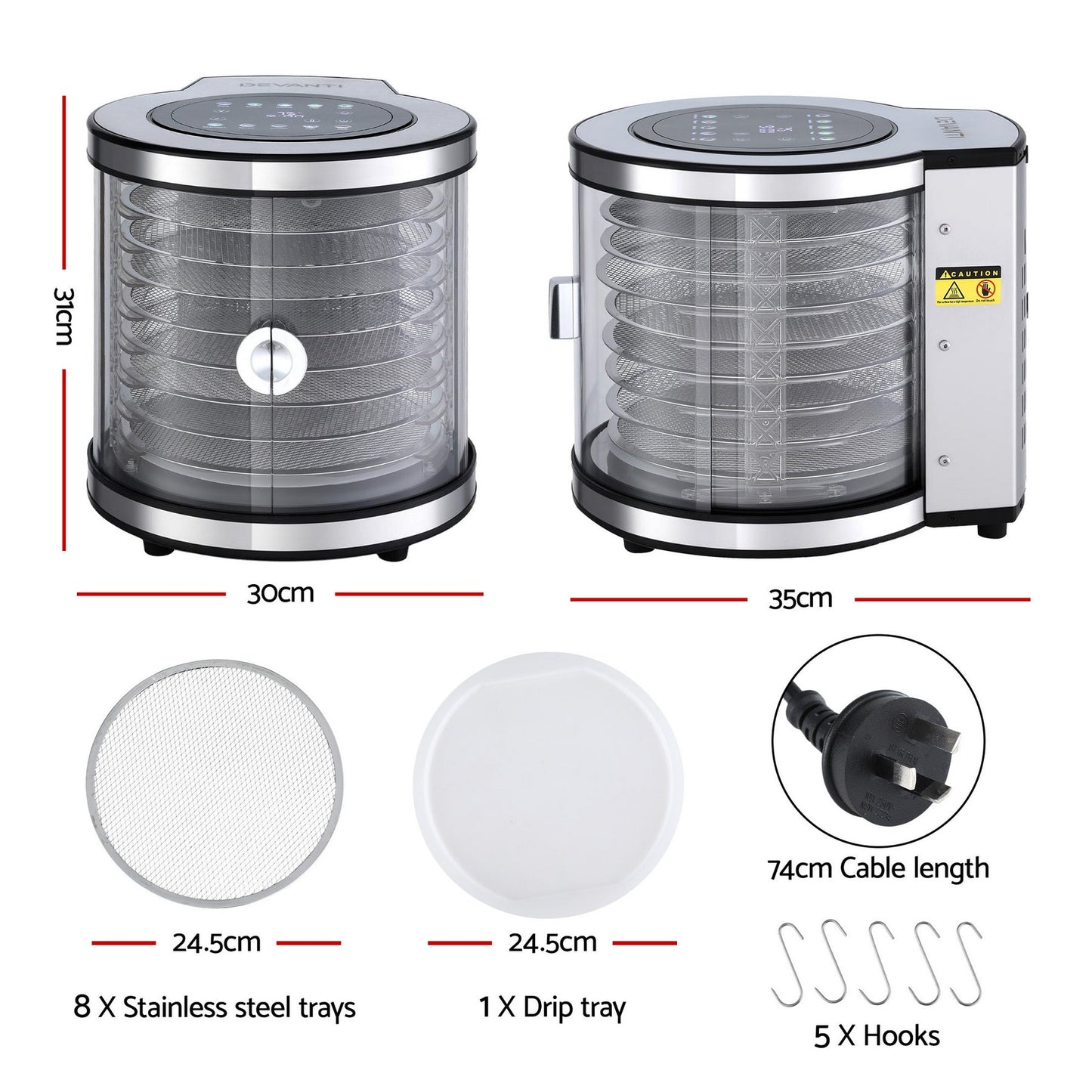 Devanti 8 Trays Food Dehydrator Stainless Steel Auto-Rotate 10 Programs 700W - Devanti