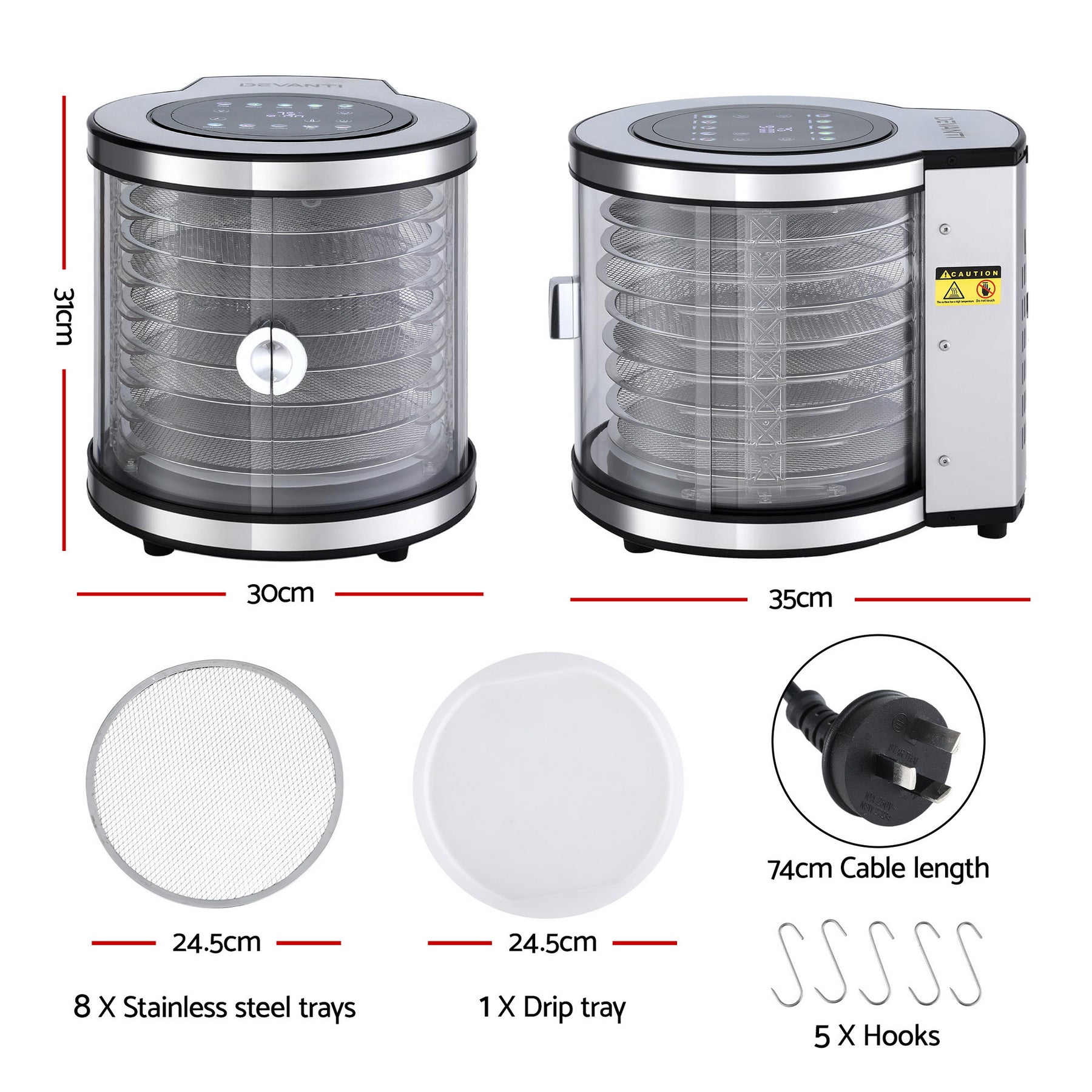 Devanti 8 Trays Food Dehydrator Stainless Steel Auto-Rotate 10 Programs 700W - Devanti