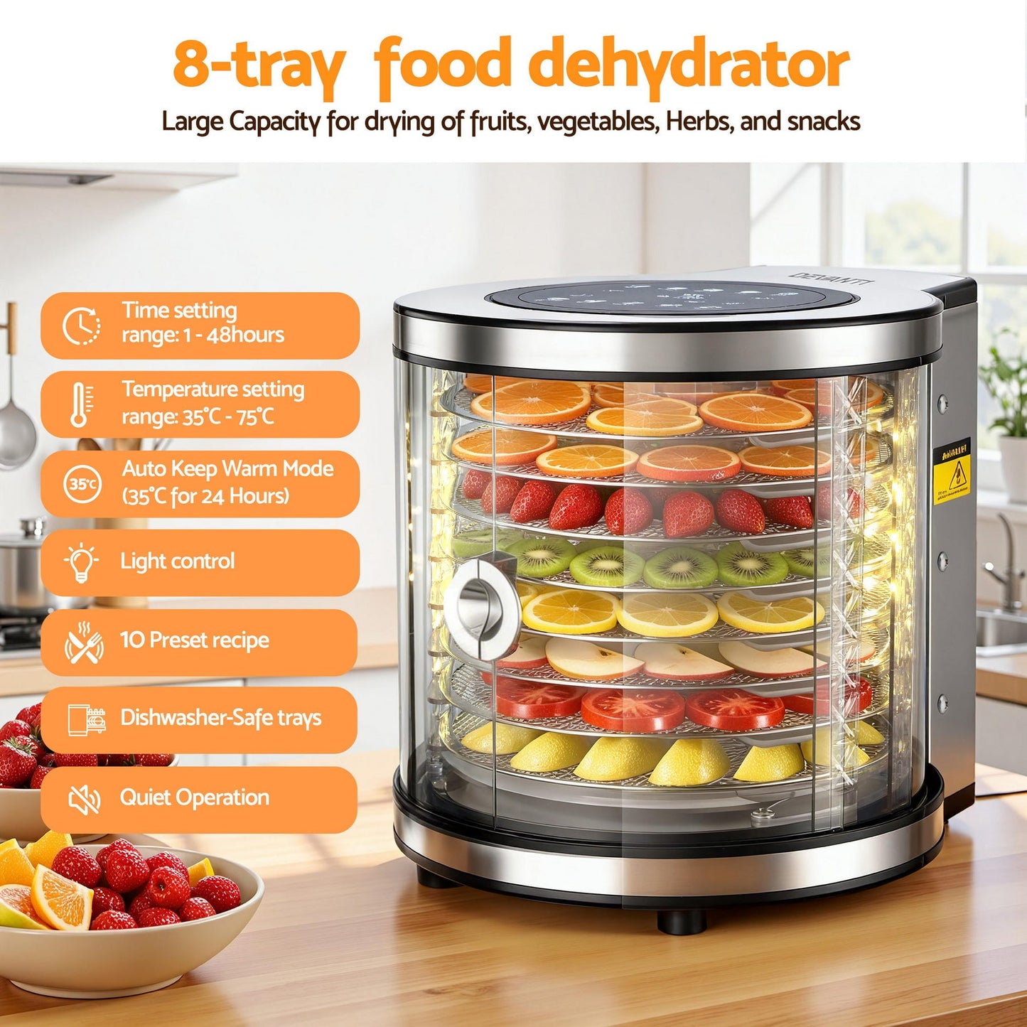 Devanti 8 Trays Food Dehydrator Stainless Steel Auto-Rotate 10 Programs 700W - Devanti