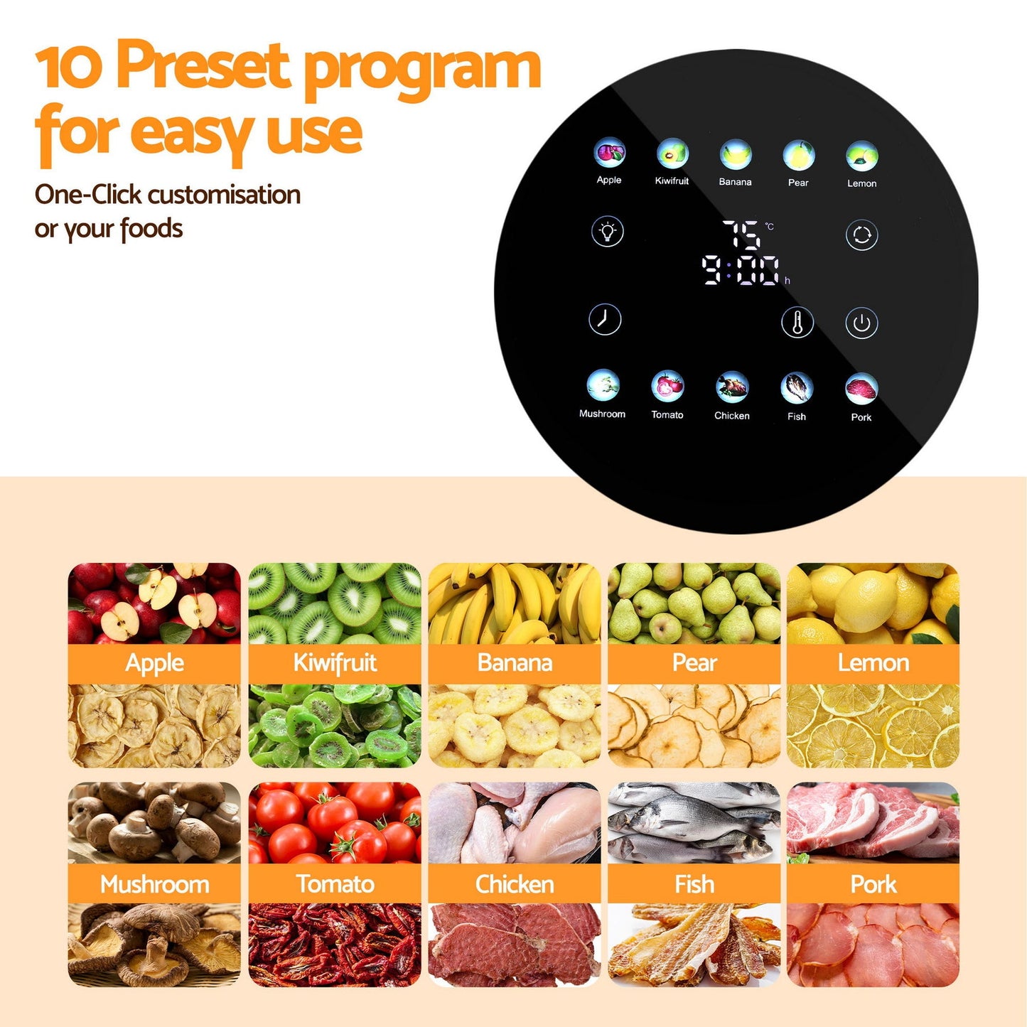 Devanti 8 Trays Food Dehydrator Stainless Steel Auto-Rotate 10 Programs 700W - Devanti
