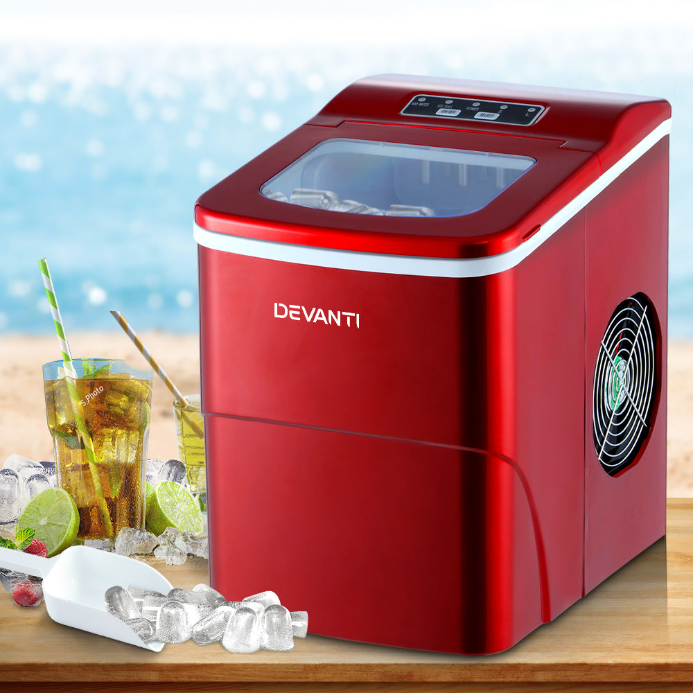 Devanti Portable Ice Cube Maker Machine 2L Home Bar Benchtop Easy Quick Red
