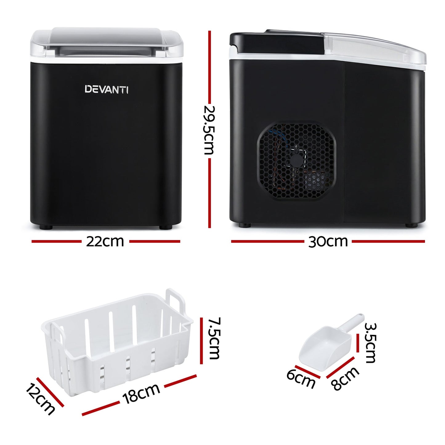 Devanti Ice Maker Machine Portable 12kg Countertop w/Self Cleaning 1.2L Black - Devanti