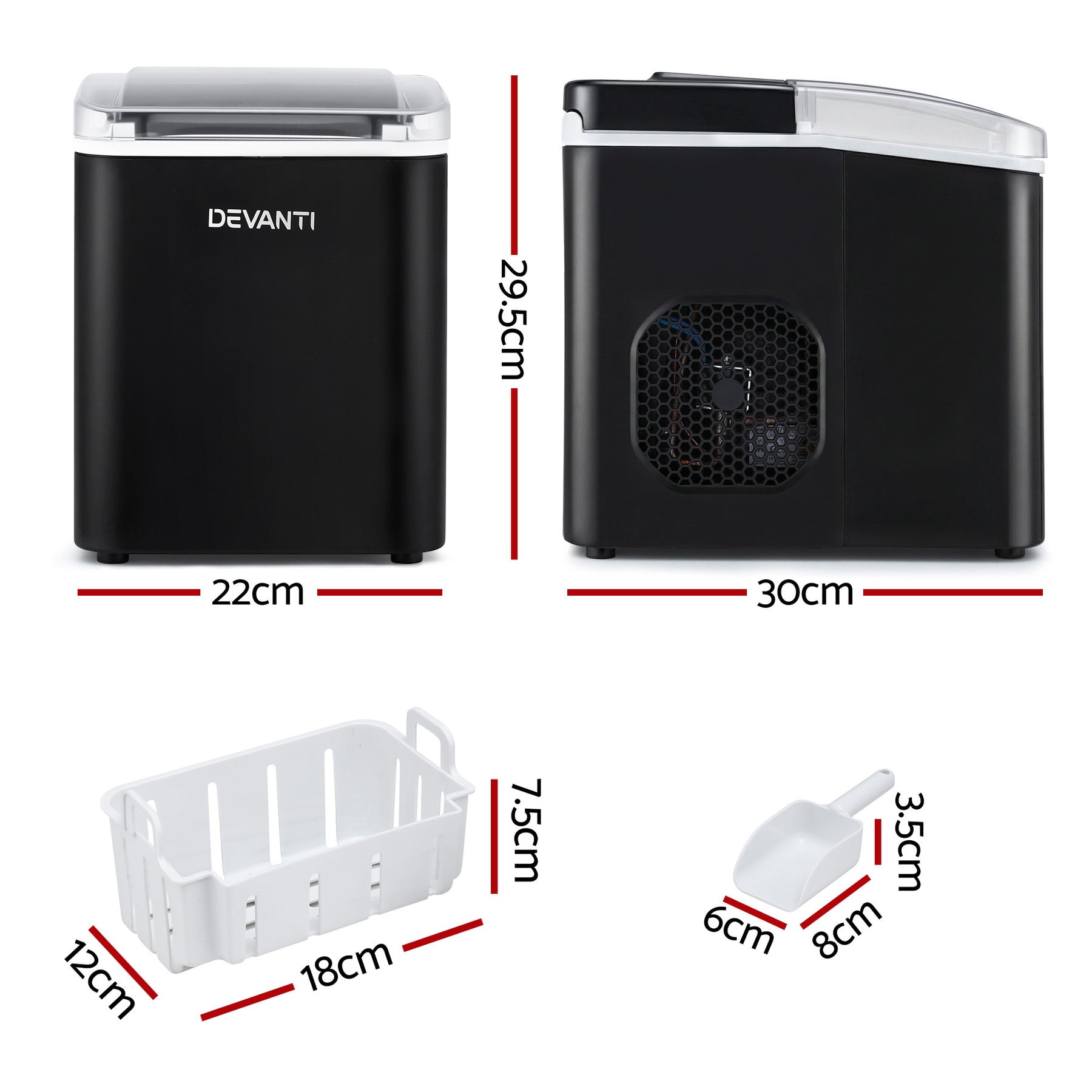 Devanti Ice Maker Machine Portable 12kg Countertop w/Self Cleaning 1.2L Black - Devanti