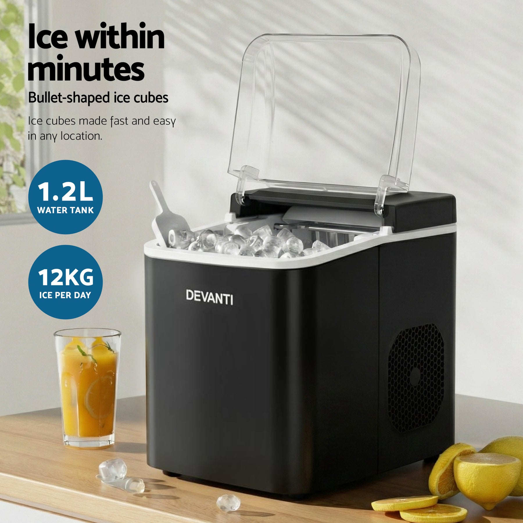 Devanti Ice Maker Machine Portable 12kg Countertop w/Self Cleaning 1.2L Black - Devanti
