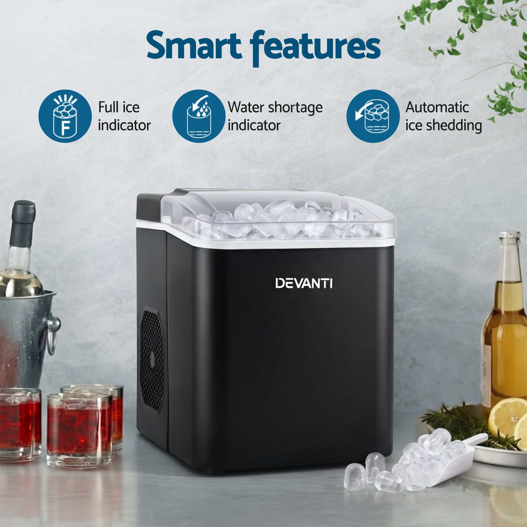 Devanti Ice Maker Machine Portable 12kg Countertop w/Self Cleaning 1.2L Black - Devanti
