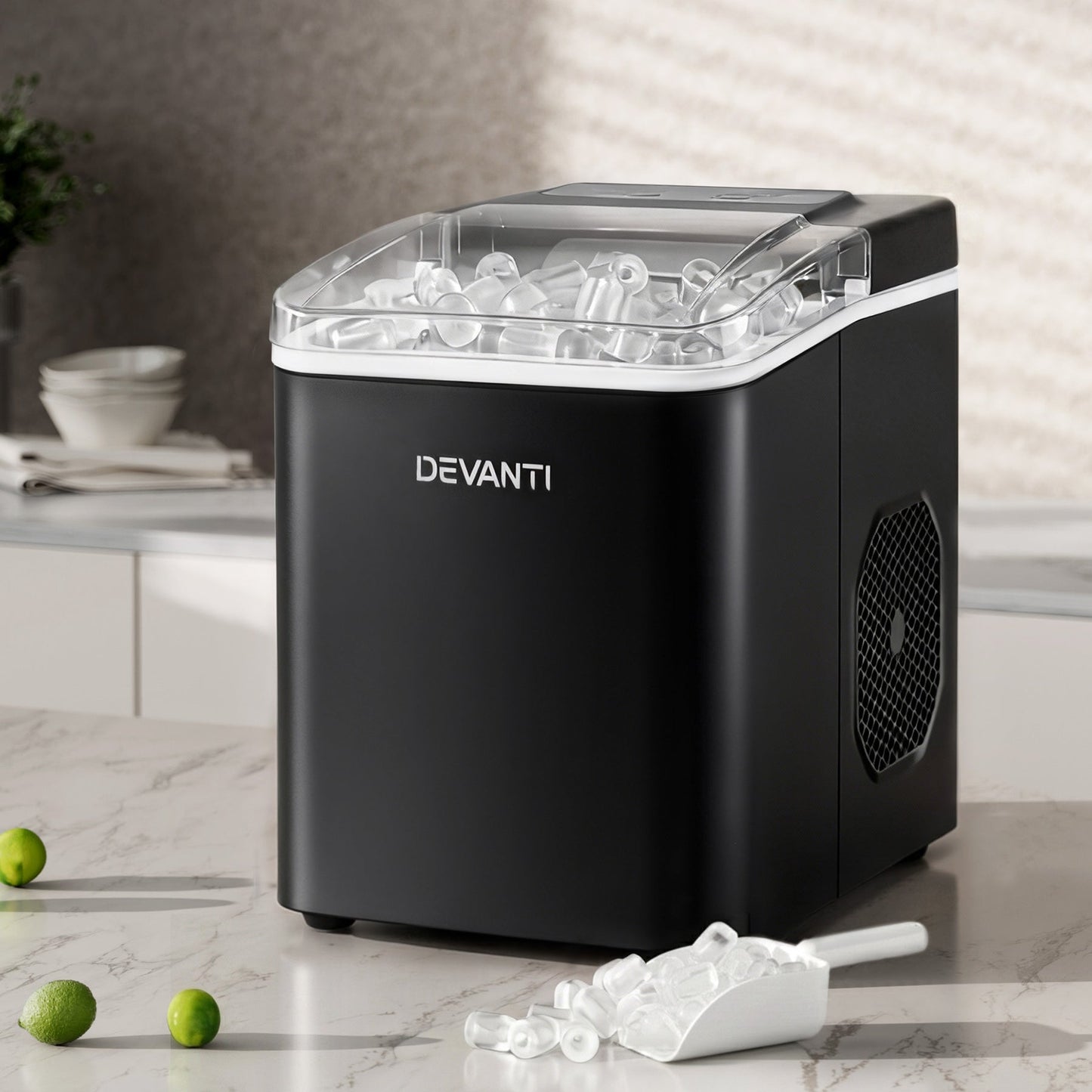 Devanti Ice Maker Machine Portable 12kg Countertop w/Self Cleaning 1.2L Black - Devanti