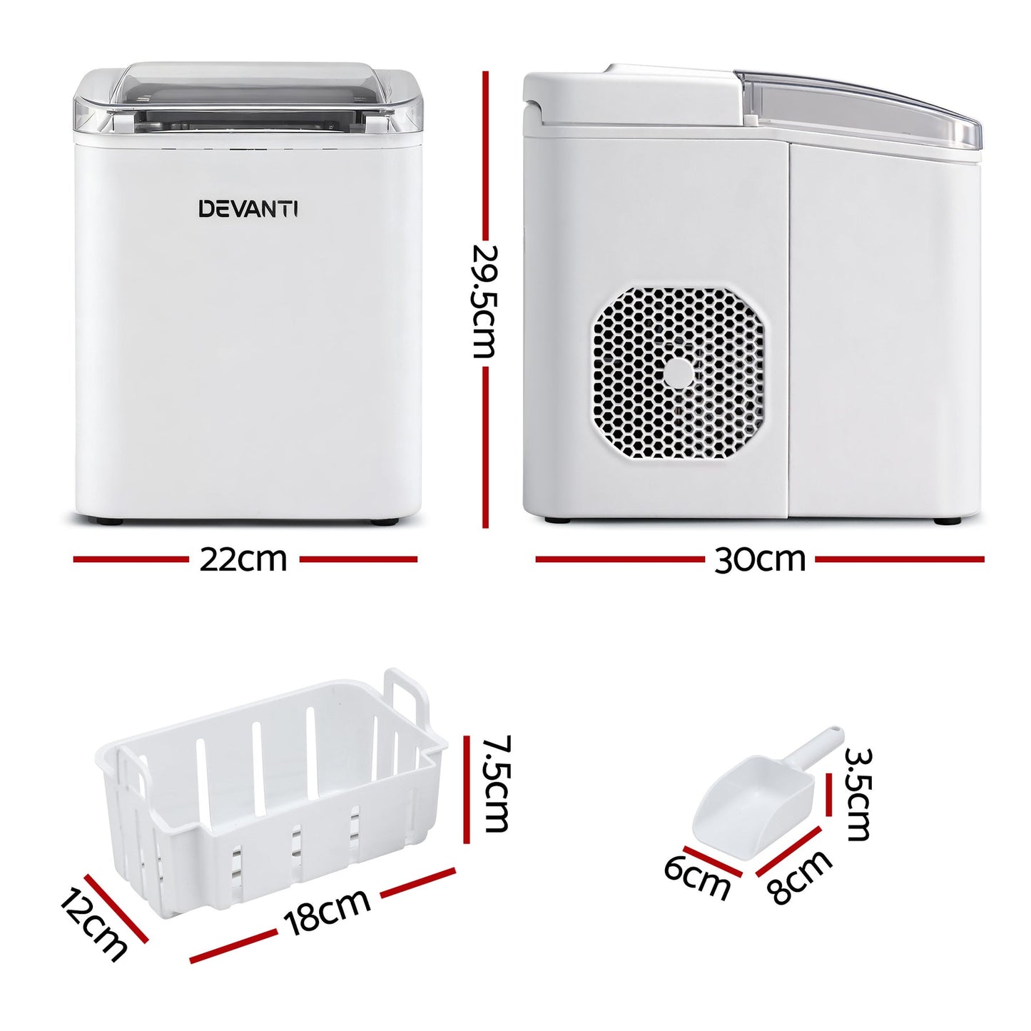 Devanti Ice Maker Machine Portable 12kg Countertop w/Self Cleaning 1.2L White - Devanti