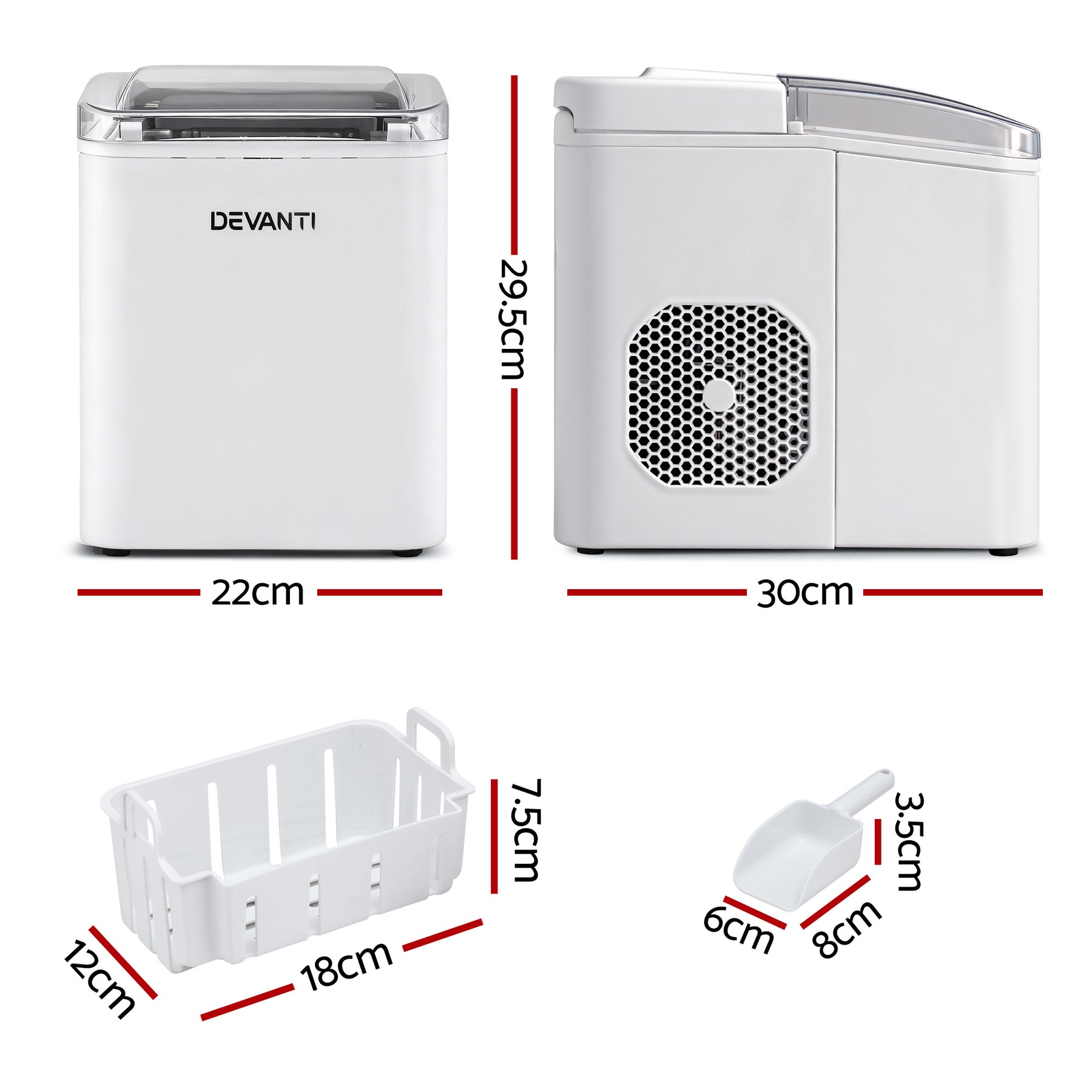 Devanti Ice Maker Machine Portable 12kg Countertop w/Self Cleaning 1.2L White - Devanti