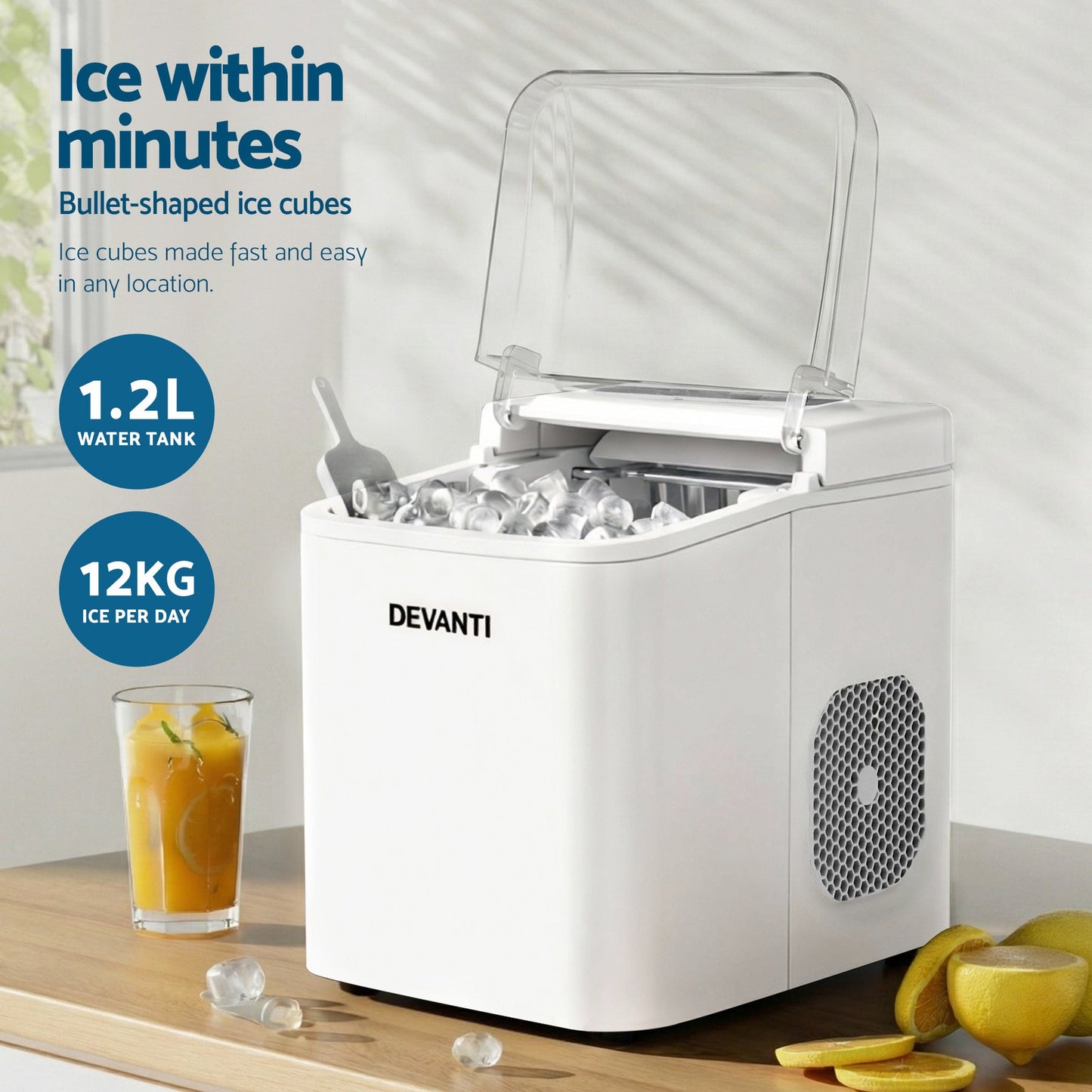 Devanti Ice Maker Machine Portable 12kg Countertop w/Self Cleaning 1.2L White - Devanti