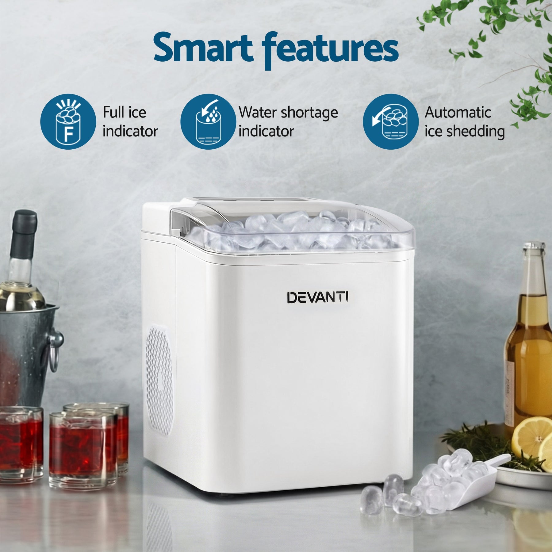 Devanti Ice Maker Machine Portable 12kg Countertop w/Self Cleaning 1.2L White - Devanti