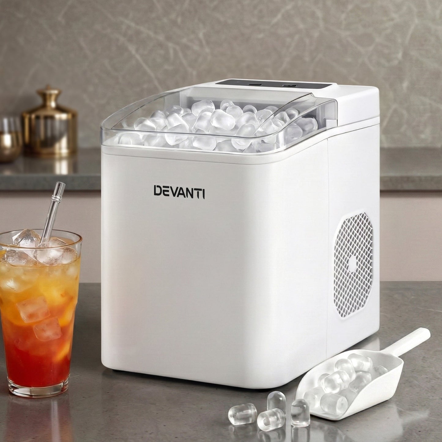 Devanti Ice Maker Machine Portable 12kg Countertop w/Self Cleaning 1.2L White - Devanti