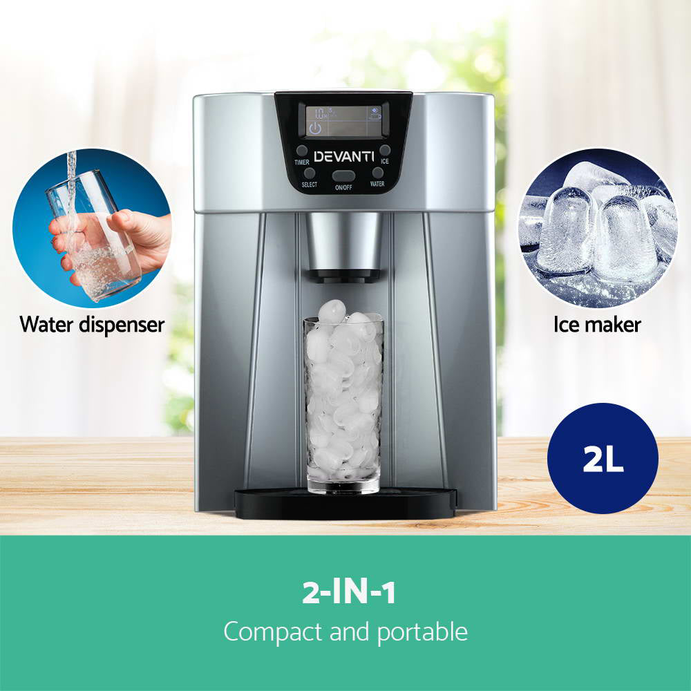 Devanti 2L Portable Ice Cuber Maker & Water Dispenser Silver