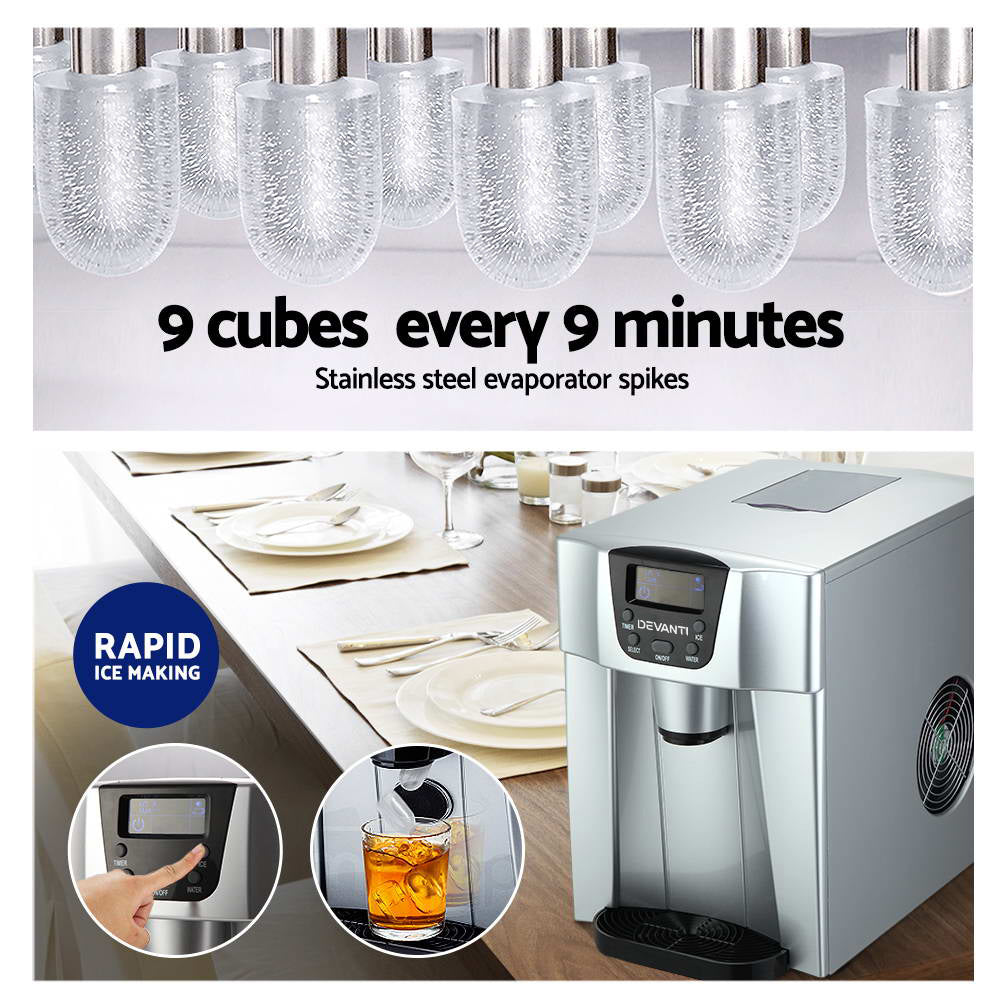 Devanti 2L Portable Ice Cuber Maker & Water Dispenser Silver