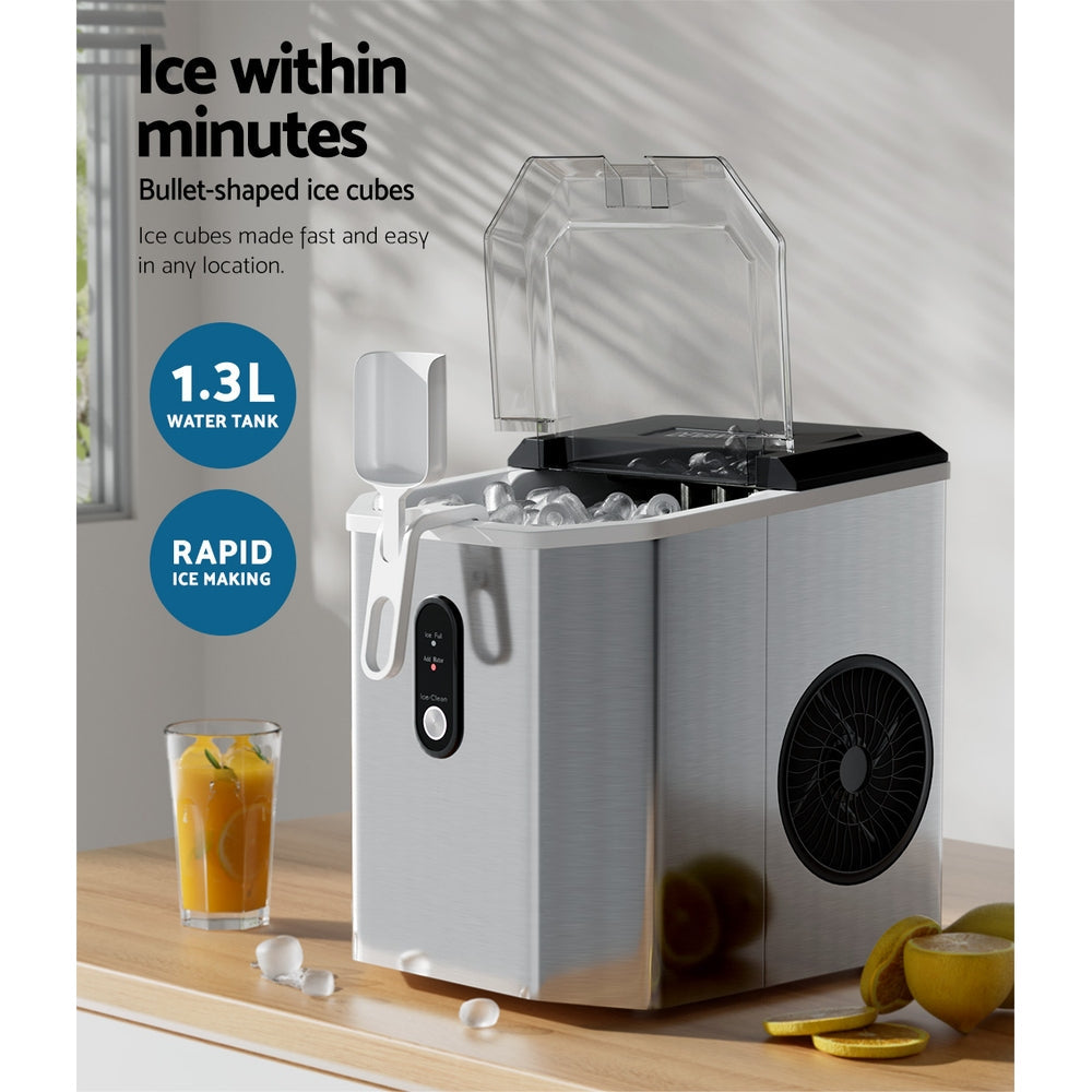 Devanti Portable Ice Maker Machine Ice Cube 12kg Bar Countertop Stainless Steel - Devanti