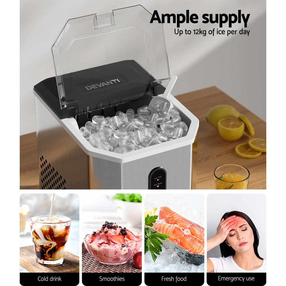 Devanti Portable Ice Maker Machine Ice Cube 12kg Bar Countertop Stainless Steel - Devanti