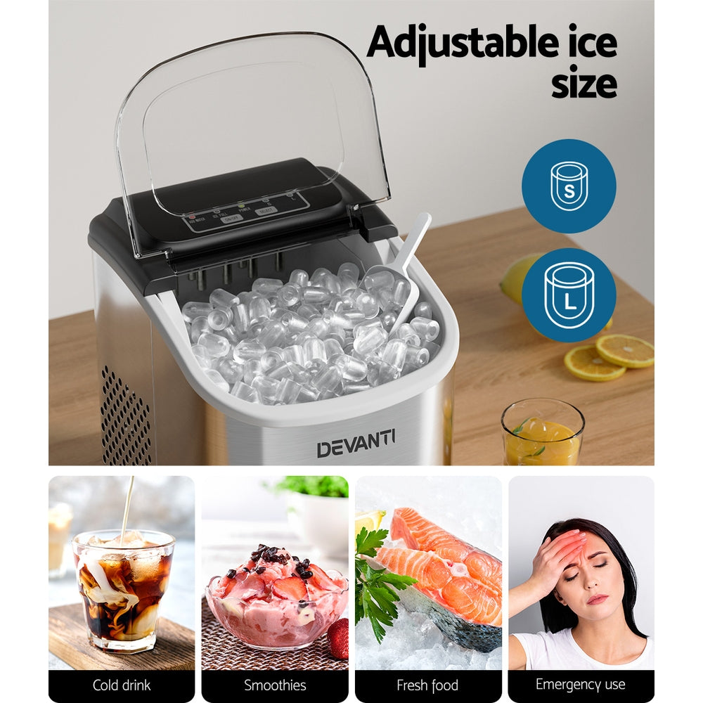 Devanti 12kg Ice Maker Machine w/Self Cleaning Silver - Devanti