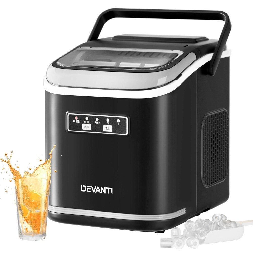 Devanti Ice Maker Machine Portable 12kg Countertop w/Self Cleaning 1.3L Black - Devanti