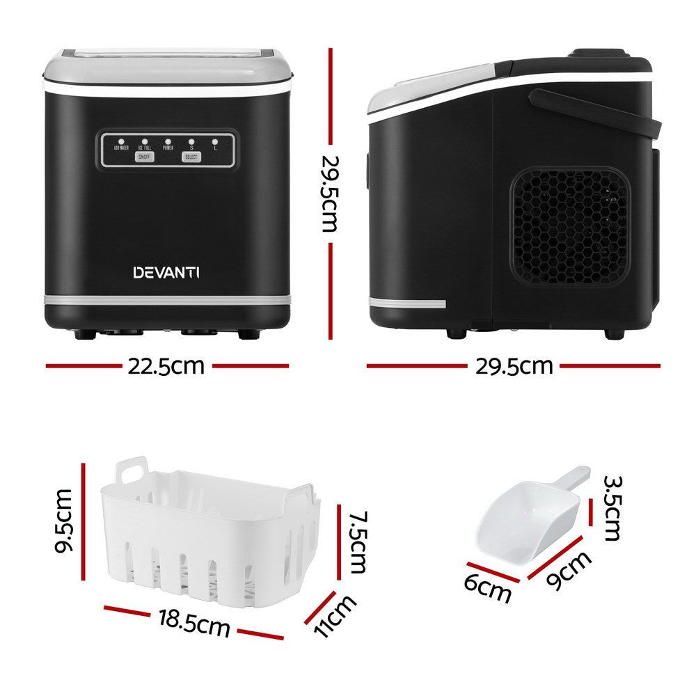 Devanti Ice Maker Machine Portable 12kg Countertop w/Self Cleaning 1.3L Black - Devanti