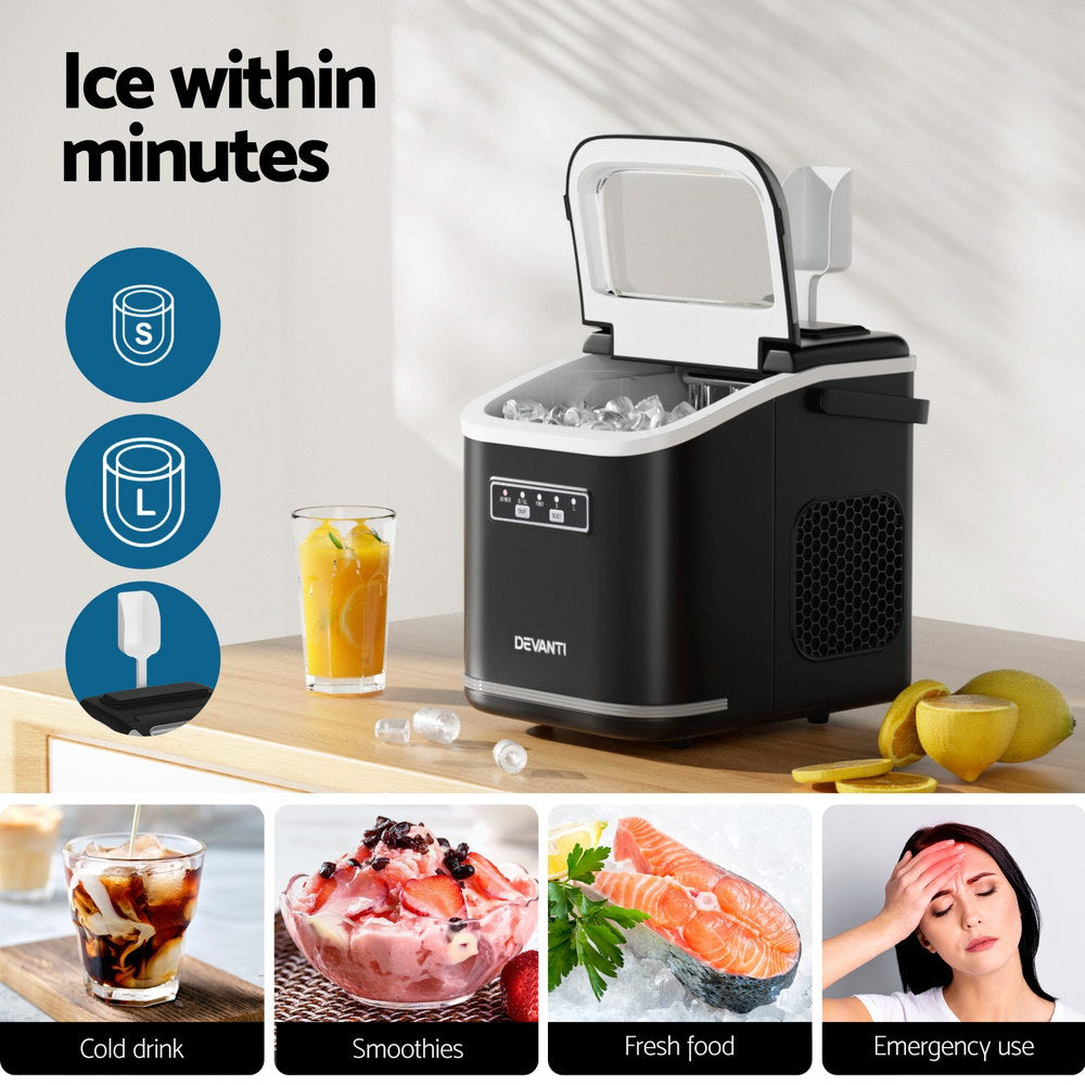 Devanti Ice Maker Machine Portable 12kg Countertop w/Self Cleaning 1.3L Black - Devanti