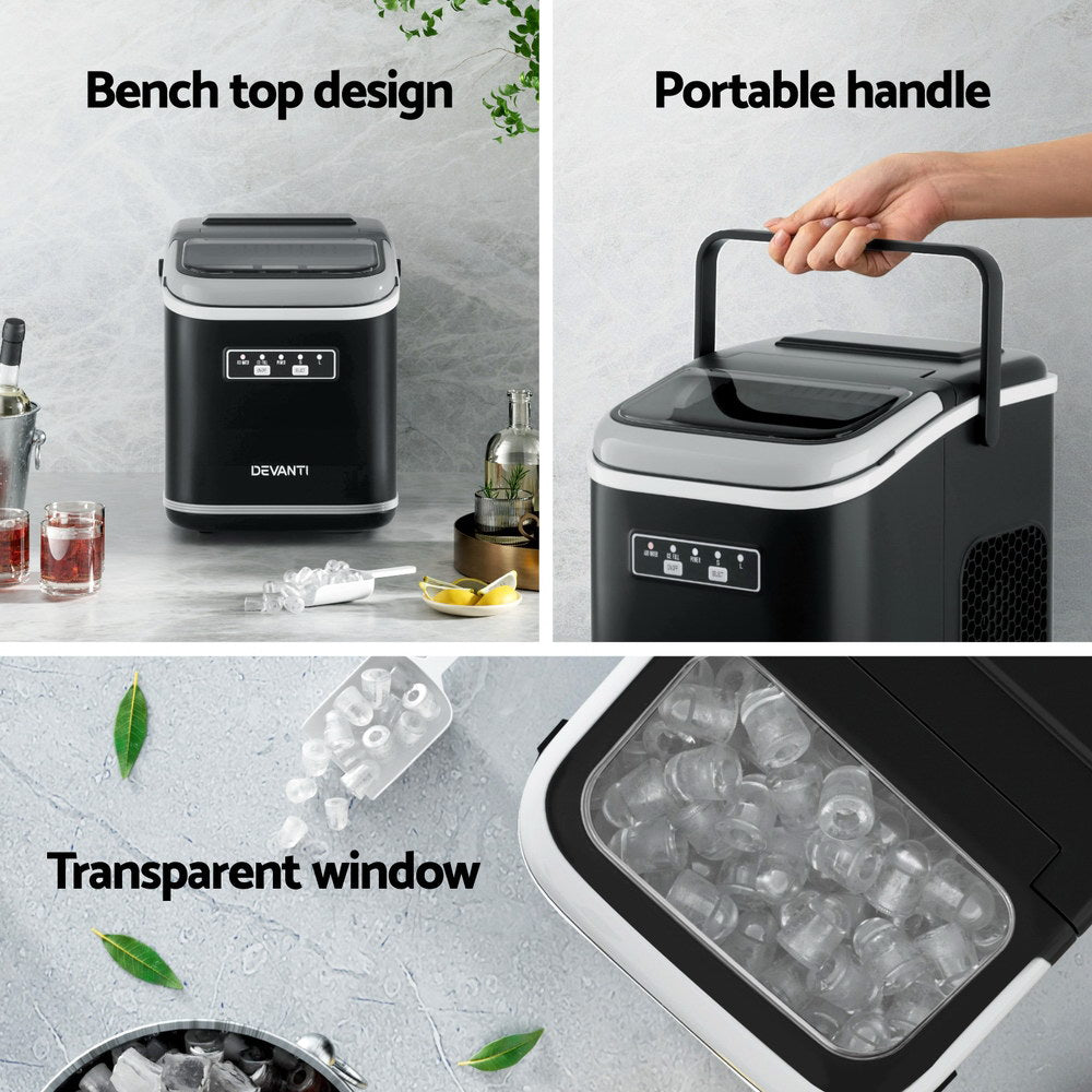 Devanti Ice Maker Machine Portable 12kg Countertop w/Self Cleaning 1.3L Black - Devanti