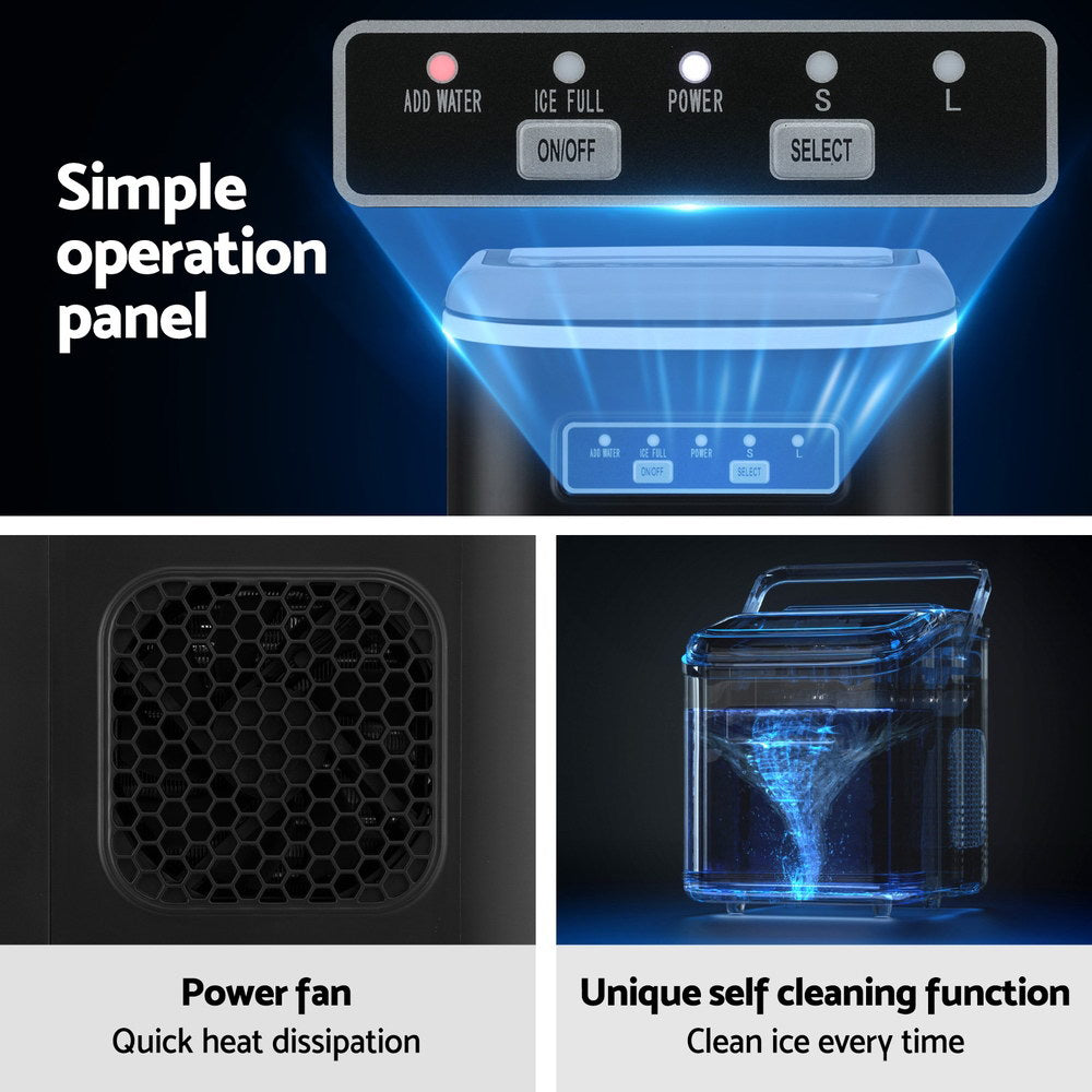 Devanti Ice Maker Machine Portable 12kg Countertop w/Self Cleaning 1.3L Black - Devanti