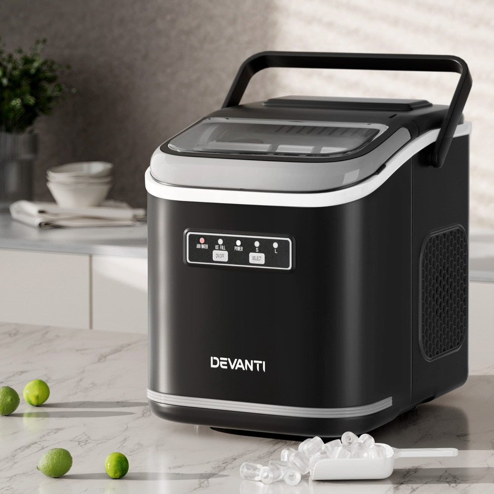 Devanti Ice Maker Machine Portable 12kg Countertop w/Self Cleaning 1.3L Black - Devanti