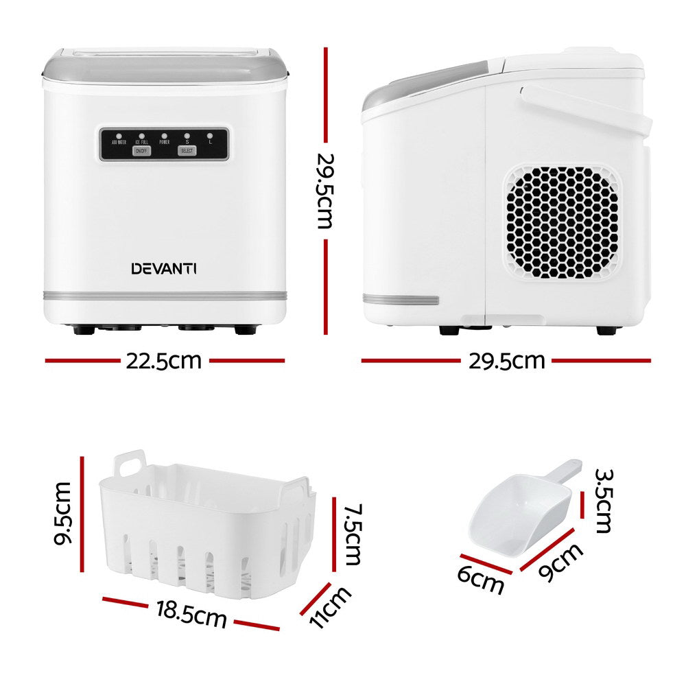 Devanti Ice Maker Machine Portable 12kg Countertop w/Self Cleaning 1.3L White - Devanti