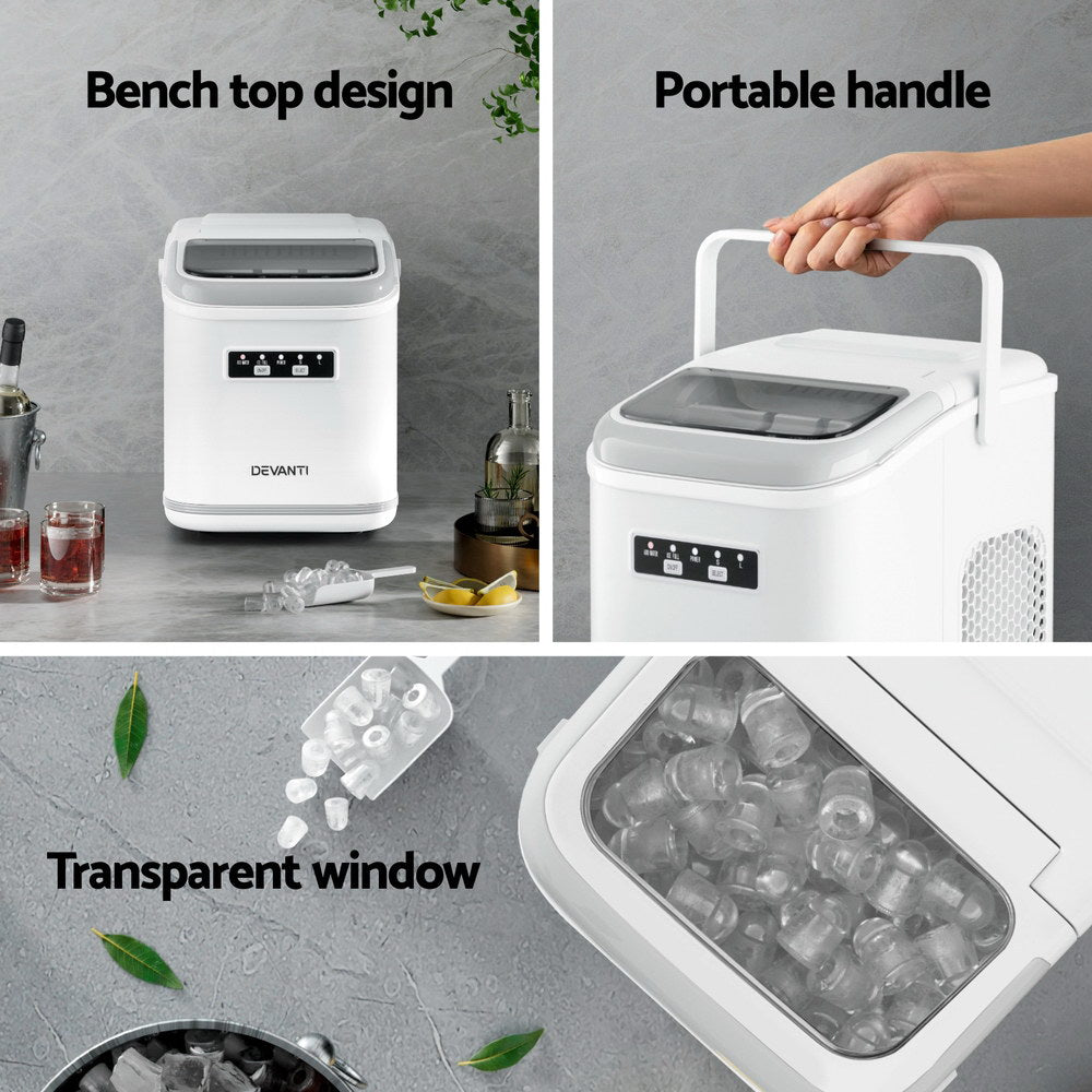 Devanti Ice Maker Machine Portable 12kg Countertop w/Self Cleaning 1.3L White - Devanti