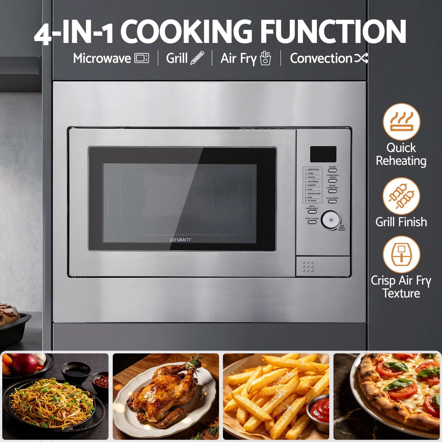 Devanti Built In Microwave Oven 30L Grill Air Fry Convection Silver