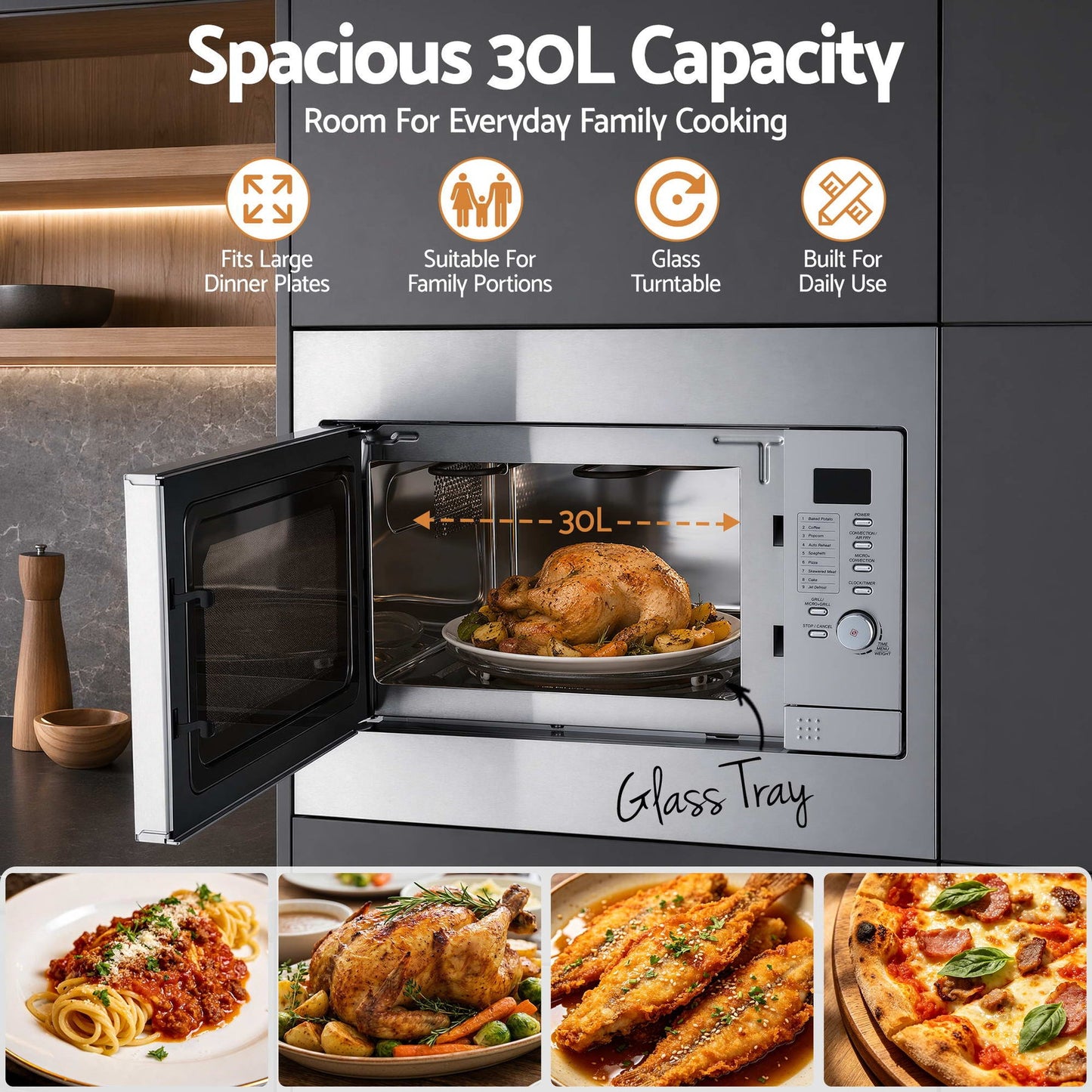 Devanti Built In Microwave Oven 30L Grill Air Fry Convection Silver