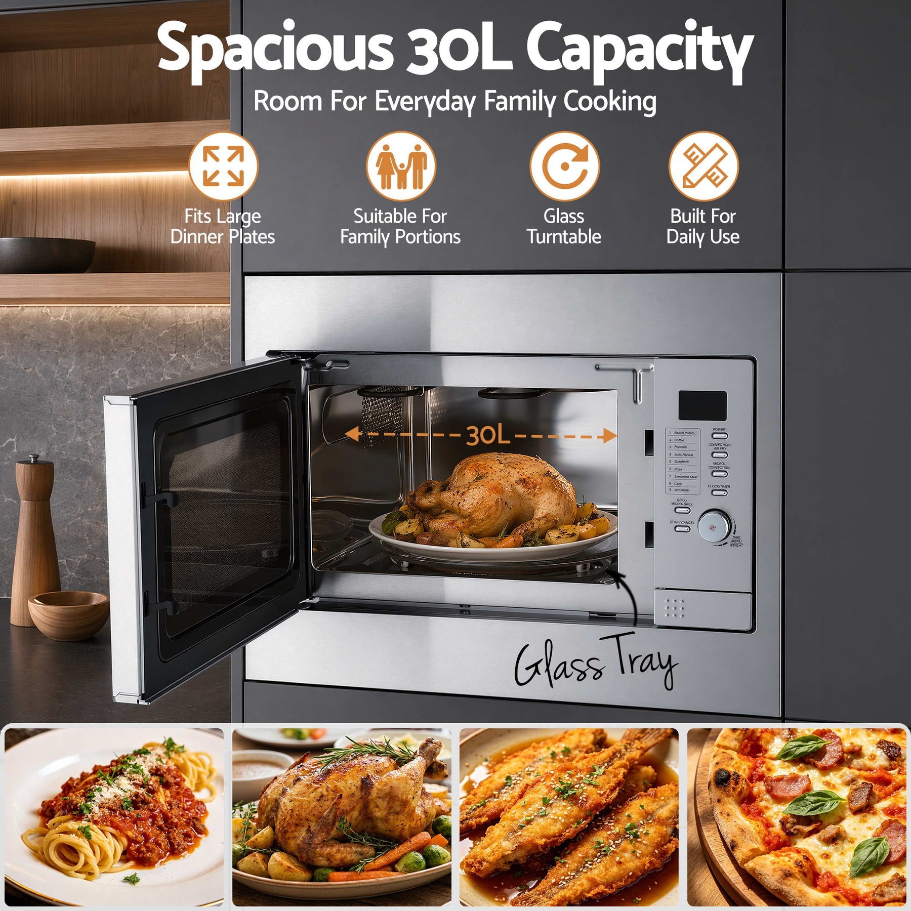 Devanti Built In Microwave Oven 30L Grill Air Fry Convection Silver